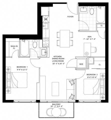 Floor plan for 2 beds, 2 baths, 787 sqft